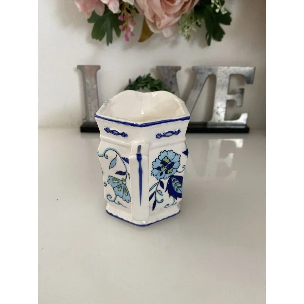Vintage Ironstone Mann Import Blue Heirloom Hand Painted Floral Creamer 4